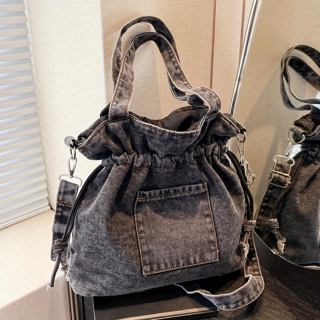 Trendy Ruched Denim Tote Bag Vintage Bucket Shoulder Bag Drawstring Crossbody Bag For Women
