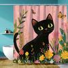 1 Chic Black Cat Floral Shower Curtain - Polyester with hooks, Vivid pink background with colorful flowers and butterflies