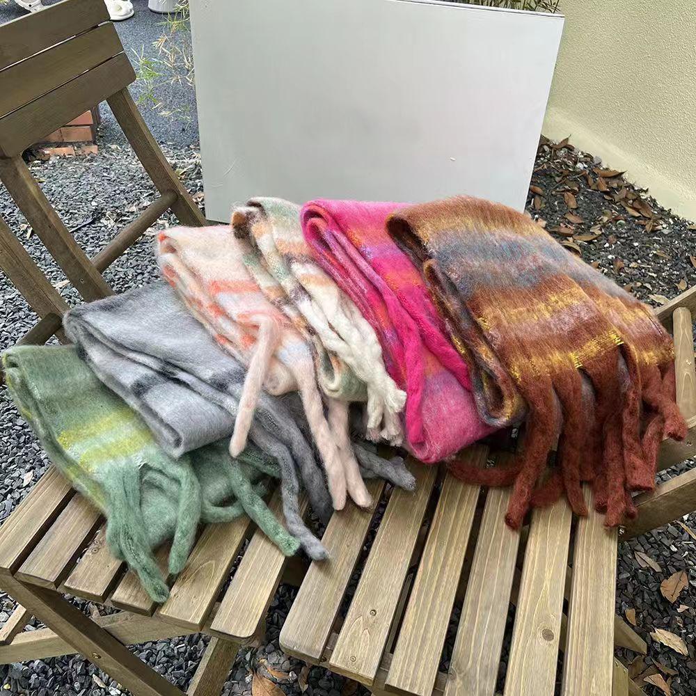 New Colorful Cashmere Scarf Soft Stripe Pattern Scarves Long Tassel Wraps Mohair Plaid Thickened Shawl Women Winter Muffler