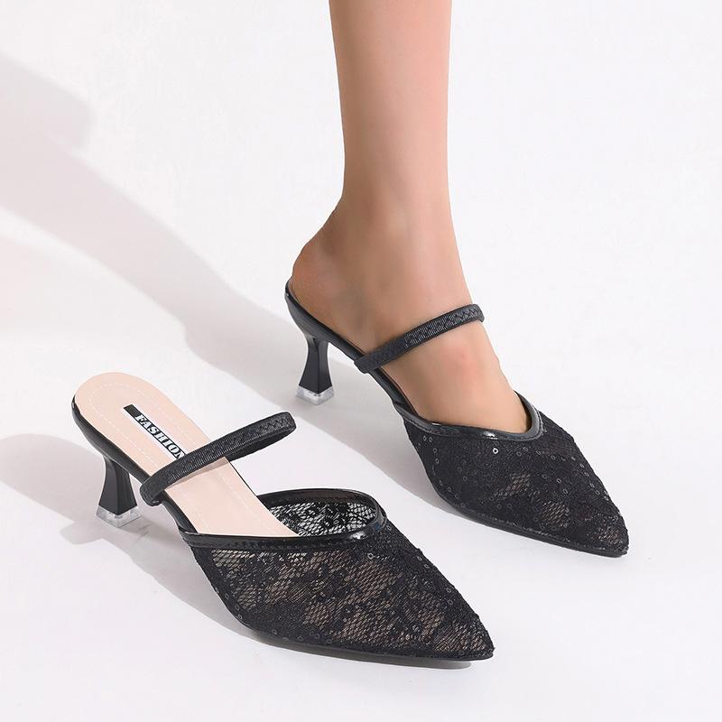 

Женская обувь для трансграничной внешней торговли 2025 лето новая сетчатая вышивка острый носок тонкий каблук темперамент сумка голова высокий каблук крутые шлепанцы 41