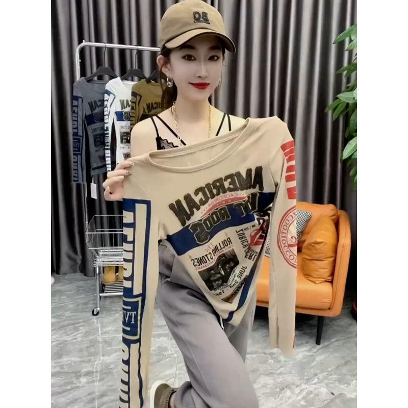 

Early Autumn New Graffiti Printing Slim Fit Long-Sleeved T-shirt Milk tea color XL