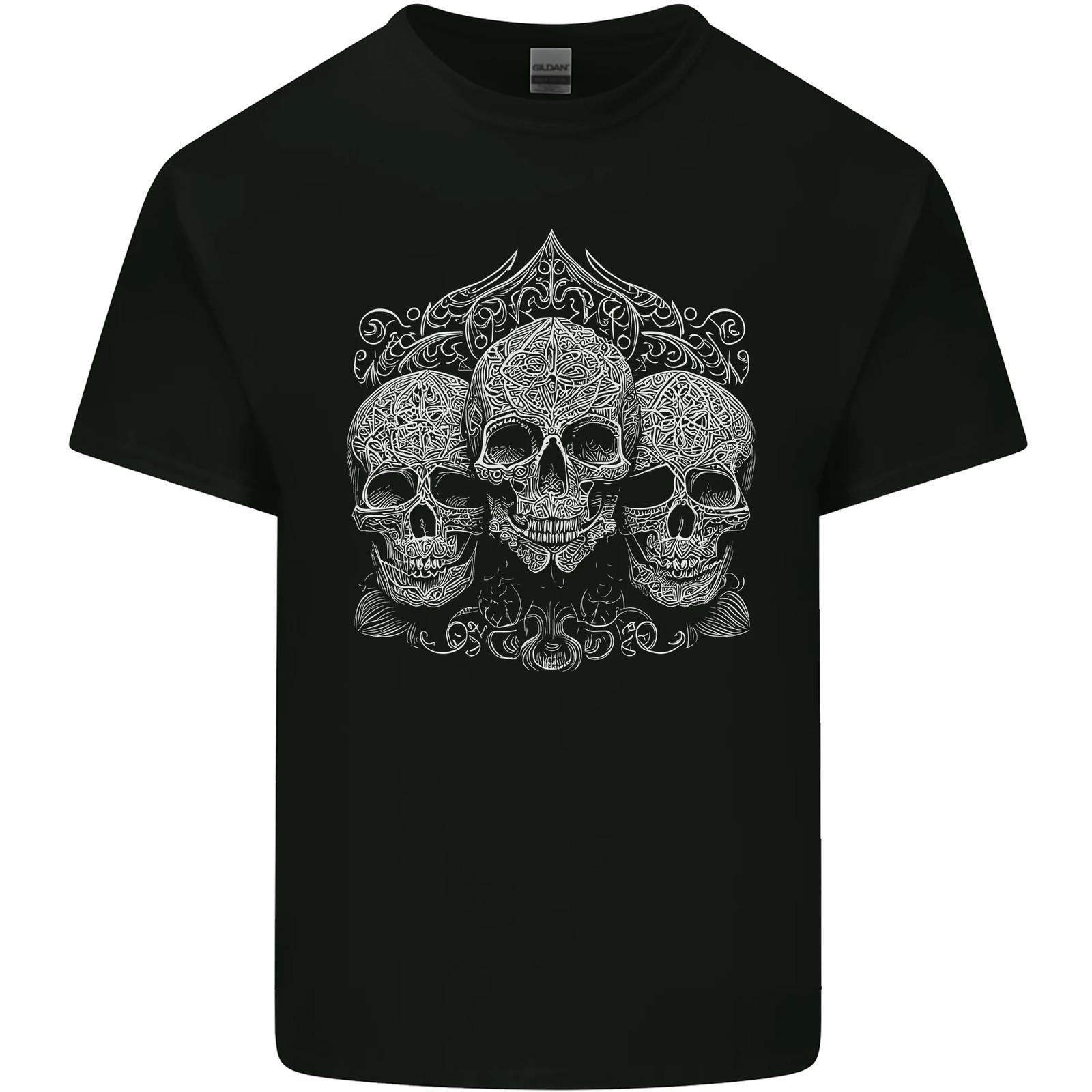 3 Ornate White Skulls Gothic Goth Mens Cotton T-Shirt Tee Top S