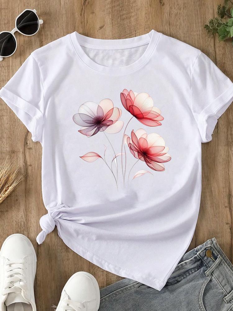 (Asian Size)  trend lovely flower style o-neck Women's Top T Clothing Print Short Sleeve T-shirts Fashion Female Casual Graphic Tee