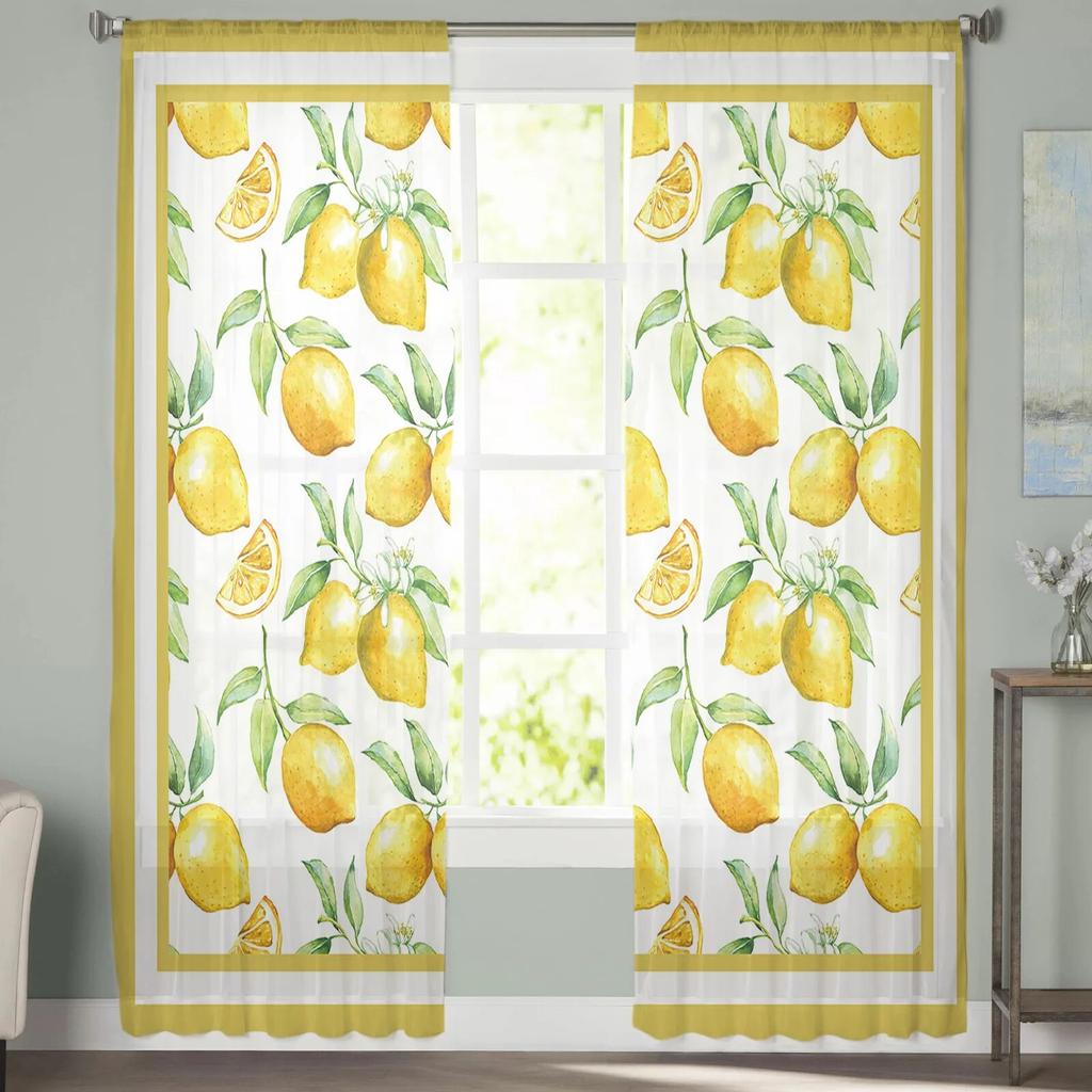 Watercolor Lemon Tulle Curtains for Bedroom Living Room Kitchen Decor Chiffon Drapes Home Window Treatment
