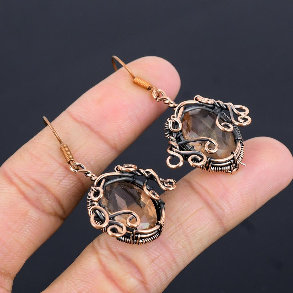 Smoky Topaz Earrings Gemstone Jewelry, 999 Copper Wire Wrapped Earrings, Handmade Beautiful Jewelry Earrings