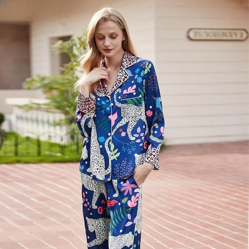 Comfortable Ice Silk Pajamas for Women with Lapel Spring and Summer Long-sleeved Home Clothes