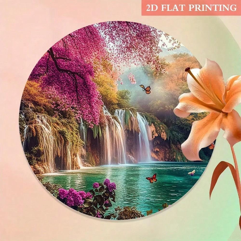 Spring Waterfall Metal Poster, Butterfly Flowers Wall Art for Living Room