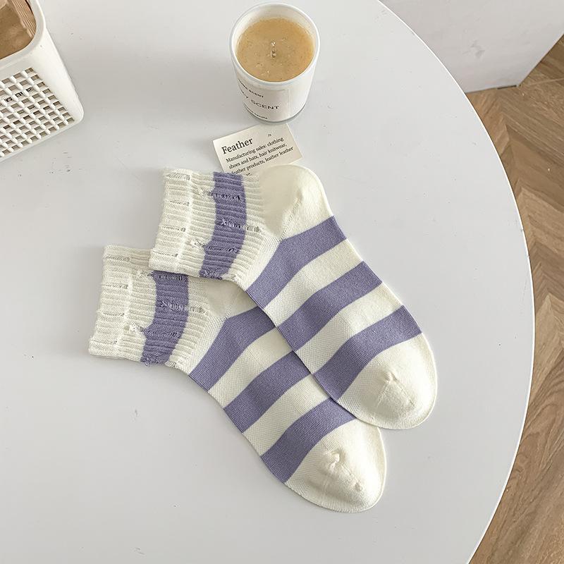 Female Spring and Summer Thin Style Trend All Kinds of Casual Broken Hole Thick Stripe Short Tube Socks