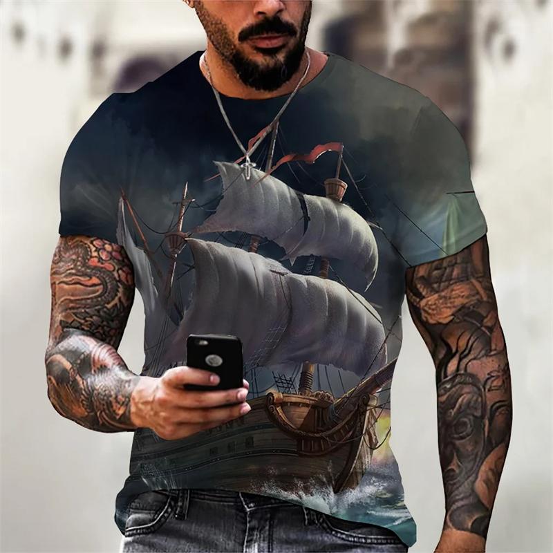Vintage Men's Graphic T Shirts 3D Printing Pirate Ship Crew Neck Short Sleeve T-shirt For Men Oversized Clothing Homme Camiseta