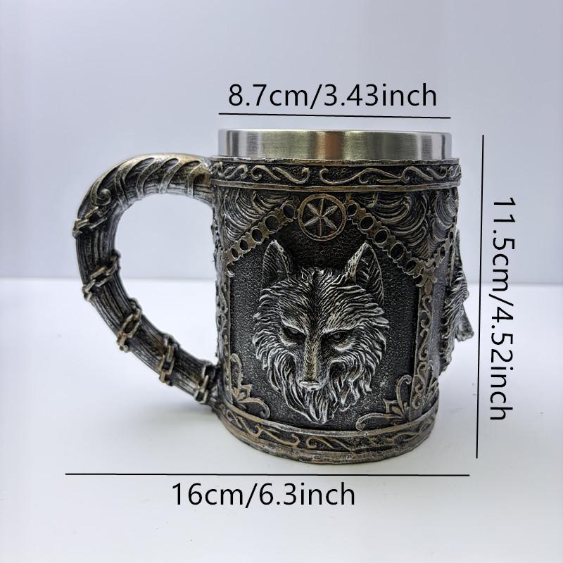 Norse Wolf Head Beer Mug, 450ml Stainless Steel Liner Gothic Tankard, Resin 3D Embossed Fenrir Stein, Viking Themed Gift for Men