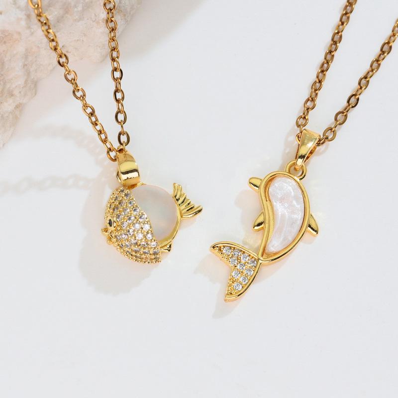 Ocean Style Zirconia Whale & Dolphin Pendant Necklace for Women - Trendy Clavicle Chain