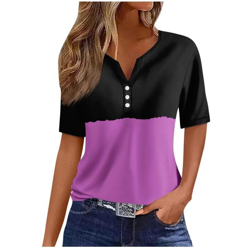 Print Short Sleeve European Style Women Clothing T-Shirt V-Neck