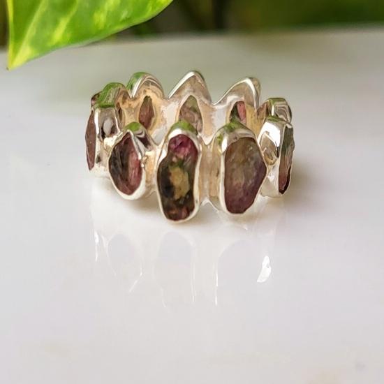 Natural Raw Bicolor Tourmaline Gemstone 925 Sterling Silver Eternity Ring 9 US
