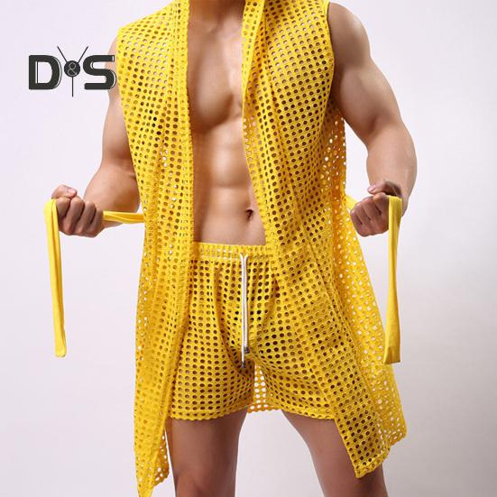 Menn Sexy hette Nattkjole Ermeløs Ensfarge Hollow Out Mesh Sommer Loungewear Snøring Nattkåpe Hjemmeklær