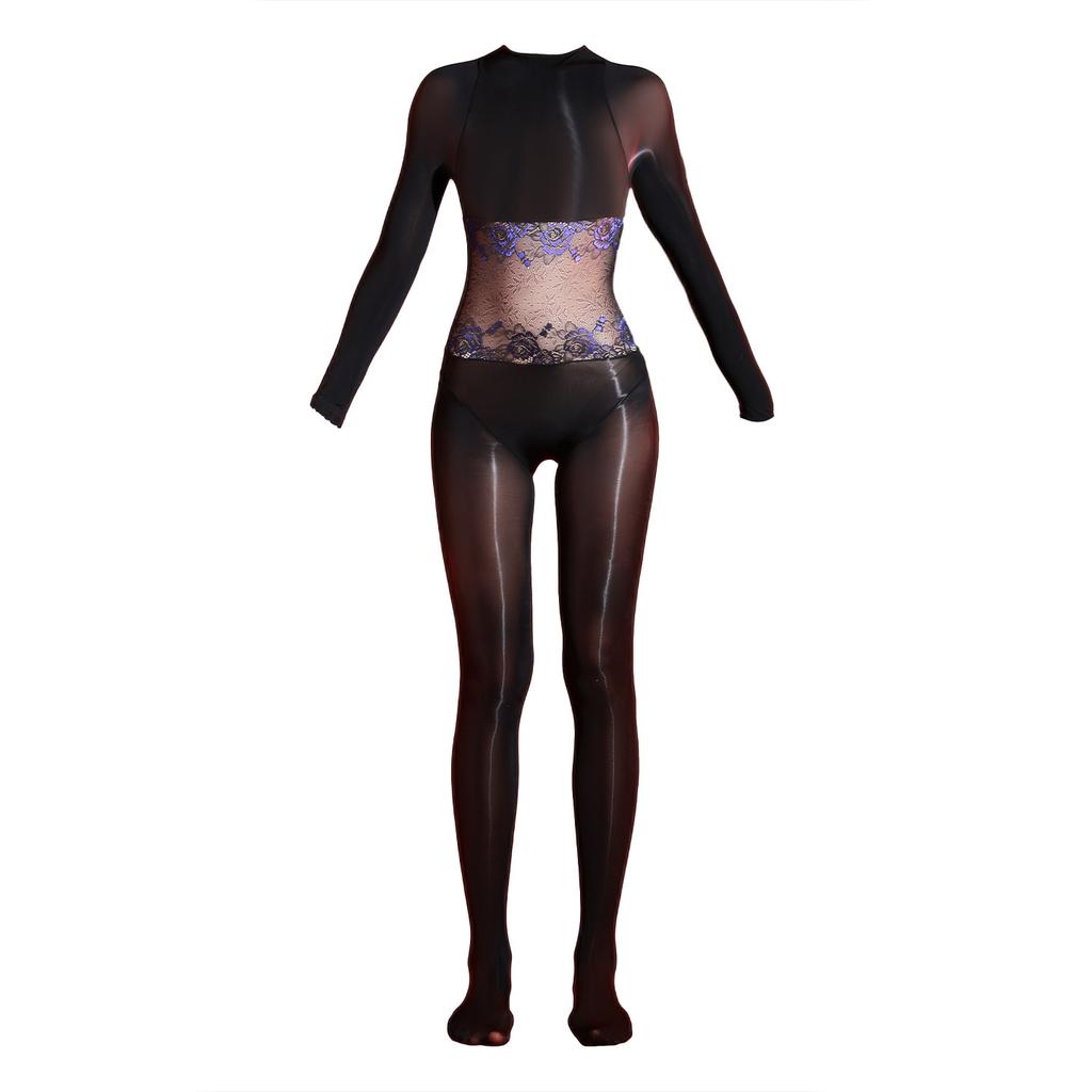 Lace waist one-piece stockings women's oily ultra-thin d sexy tight silky smooth horse oil high fork seamless full body onesie
