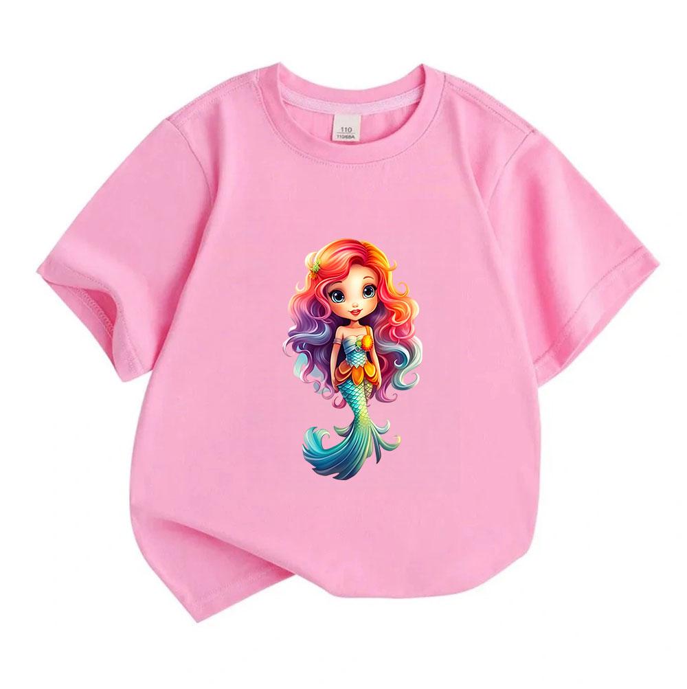 Kids Boys Girls Crew Neck Short Sleeve 100% Cotton T-Shirt Cute Rainbow Hair Mermaid Printed Casual Soft Tees for Summer Daily Wear Birthday Gift for