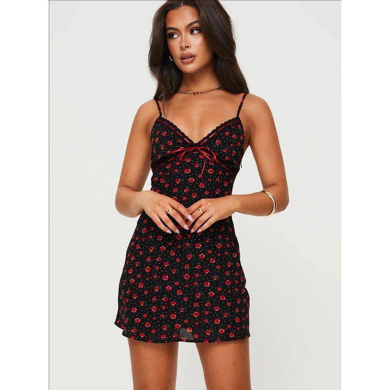 French Red Rose Sling Dress Flower Print