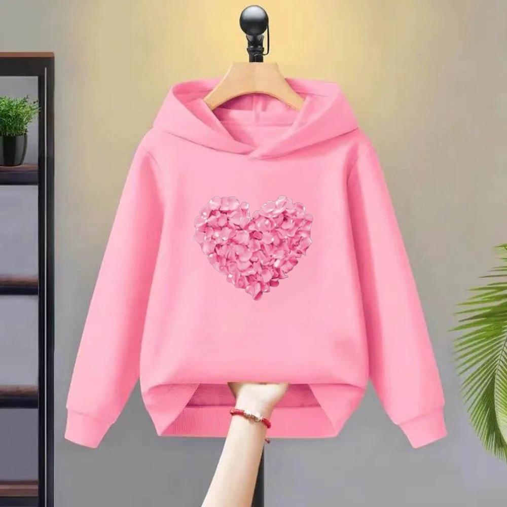 Black Children‘s Hoodie Autumn Winter Warm Clothes Sets For Girls Heart Print Top Coat Daily Causal Sports Loose Lounge Wear