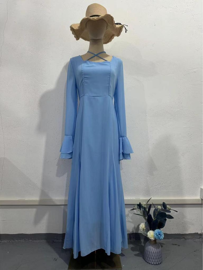 2024 Autumn Cross-border Elegant Chiffon Ruffle Tie-up Slimming Dress