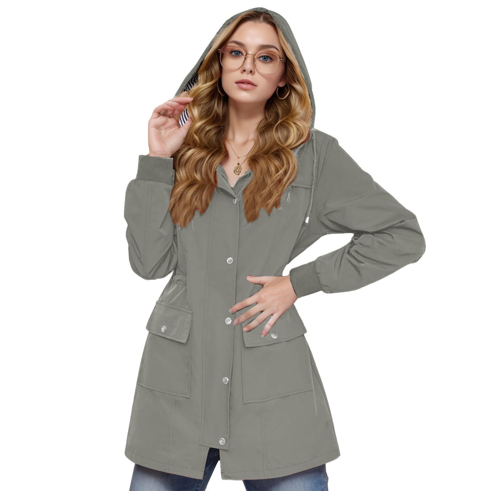 

Women Solid Stripe Rain Jacket Outdoor Plus Waterproof Hooded Raincoat Windproof XXL