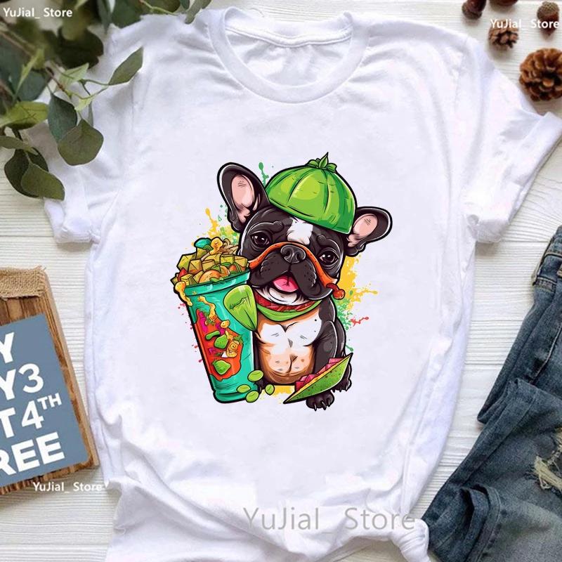 Unisex Cute French Bulldog Puppy Print T Shirt Girls Funny White Tshirt Women Harajuku Kawaii Dog Lover T-Shirt Female