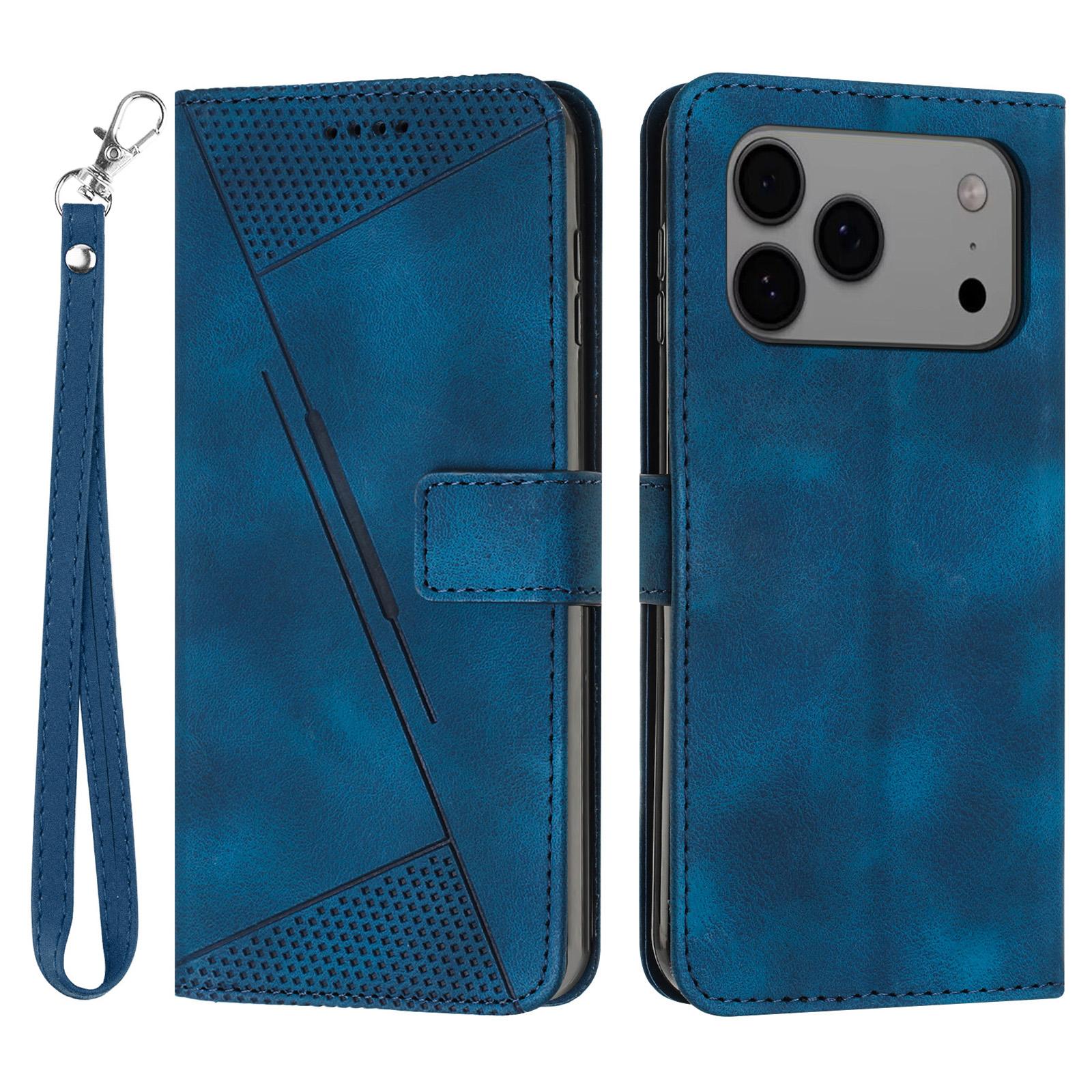 

For iPhone 17 Pro Max Leather Case Imprinted Triangle Phone Cover with Hand Strap Blue