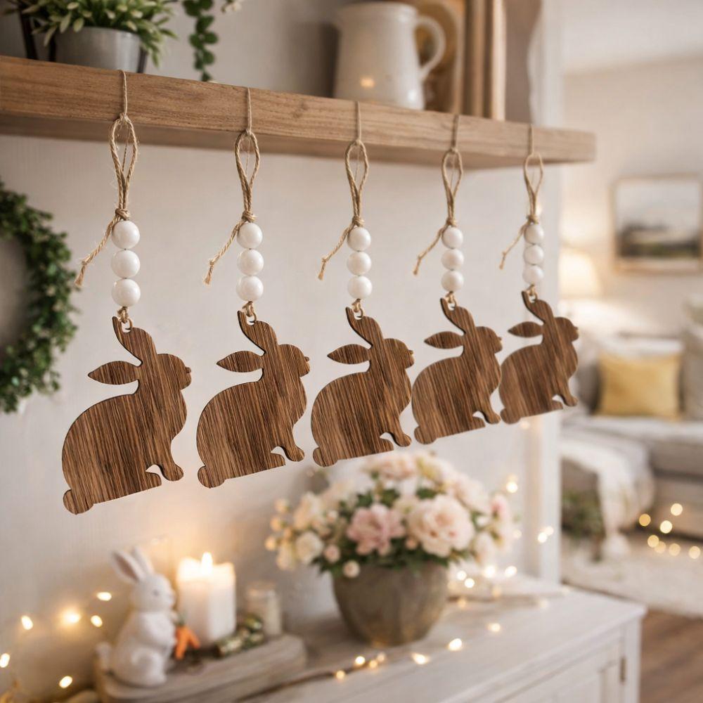 5 Pieces Handmade Easter Rabbit Tree Ornament Artificial Wood Slices Bunny Hanging Decor DIY Crafts Wooden Bunny Pendant