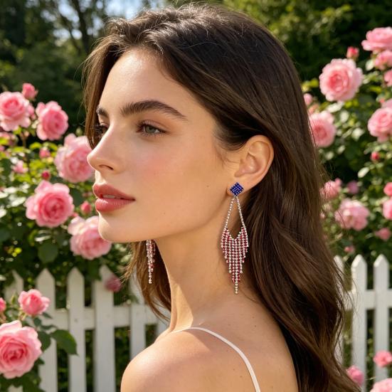 1 Pair Independence Day Tassel Drop Earrings Red Blue Rhinestone Sparkling Stud Earrings USA