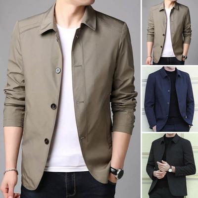 Fall Spring Men Coat Turn-down Collar Solid Color Long Sleeve Single-breasted Cardigan Smooth Formal Business Style Men Mid Length Jacket