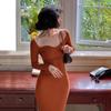 Square Neck Ribbed Thicken Warm Knitted Dresses Women Long Sleeve High Stretch Basic Bodycon Dress Streetwear Vestidos C-121