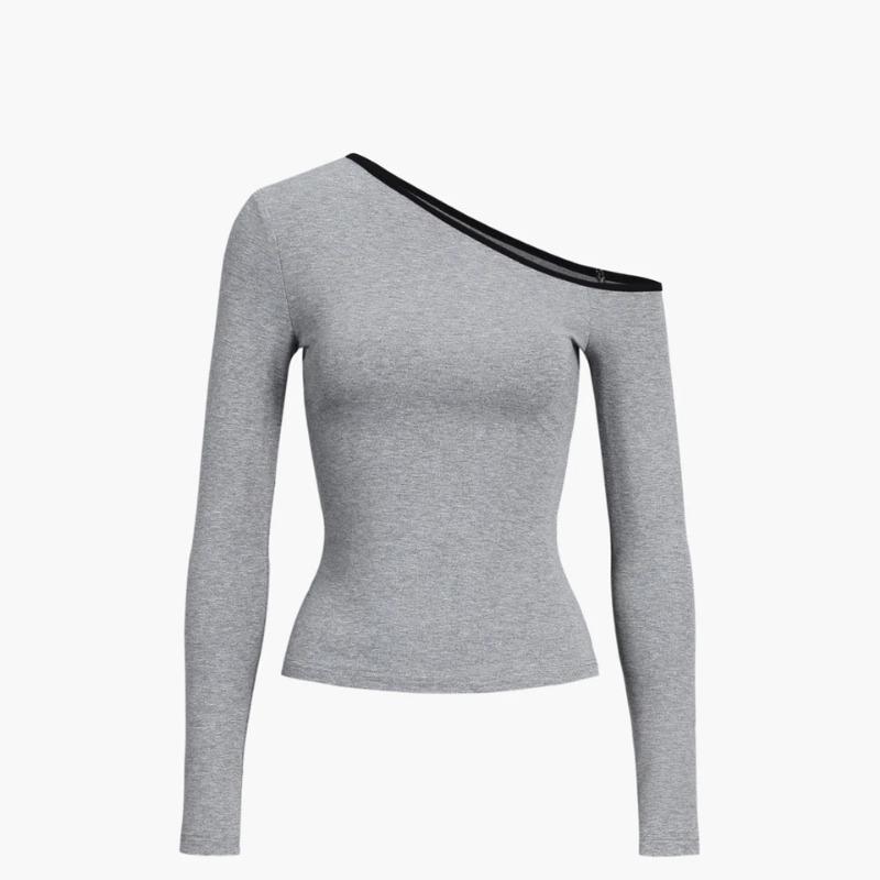 Spring New Skew Collar Long Sleeve Sexy T-shirt Women Fashion Slim Fit Off Shoulder Tops Casual Woman Tshirts Elegant Solid Street Y2K Tee Shirt 26473