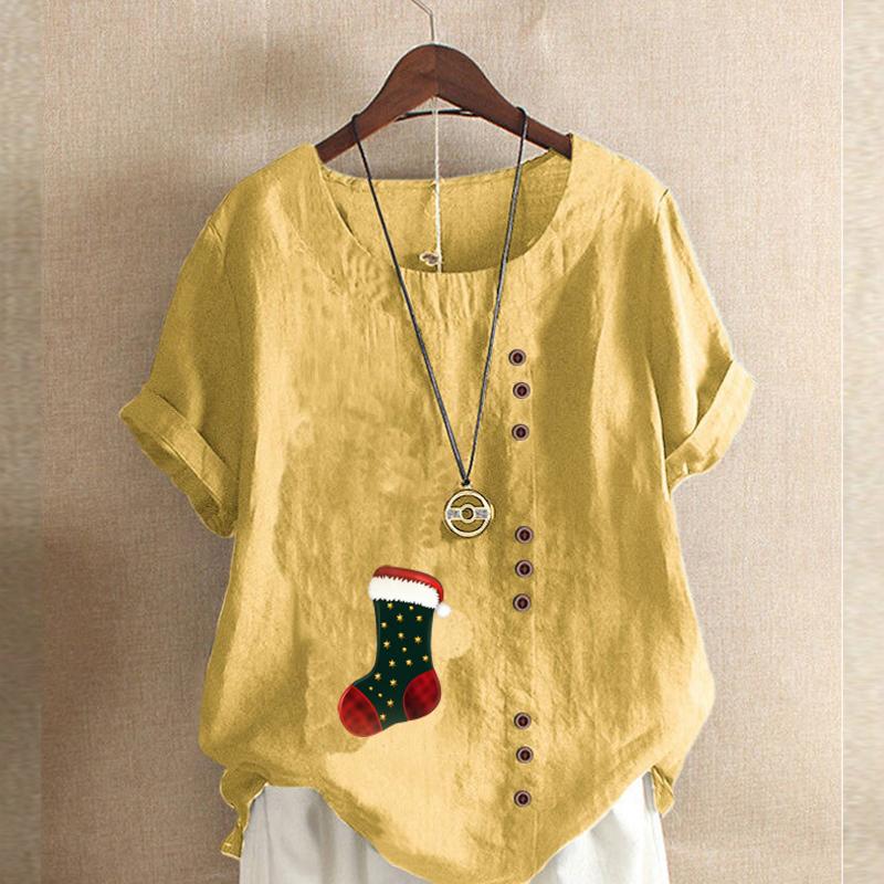 Women's Fashion Round Neck Short Sleeve T-shirt Casual Cotton Linen Graphic Shirt Leisure Loose Christmas Stocking Prined Summer Blouse Tops