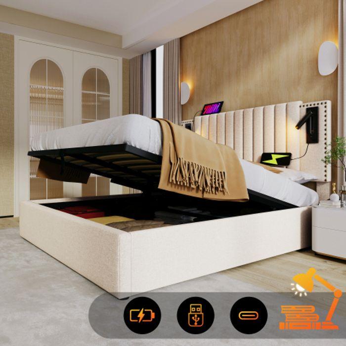 Lit Rembourré 140x200 - MUVOE - Beige - Lampe De Lecture USB - Tête De Lit Réglable - Vintage