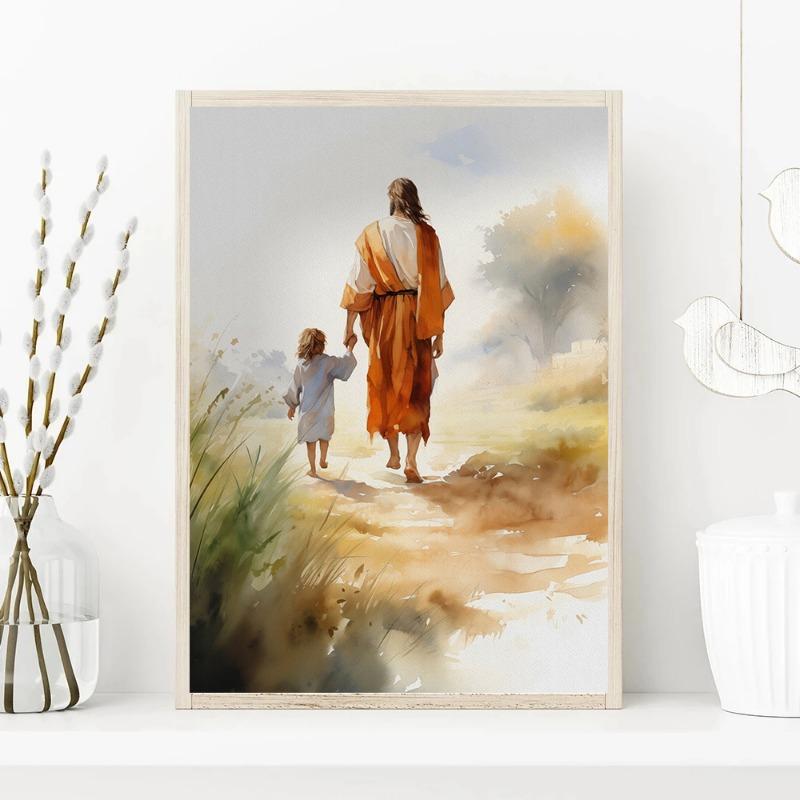 Jesus Christ Walking with A Child,poster Bible Art Canvas Painting Christian  Wall Art Picture for Living Room Home  Decor