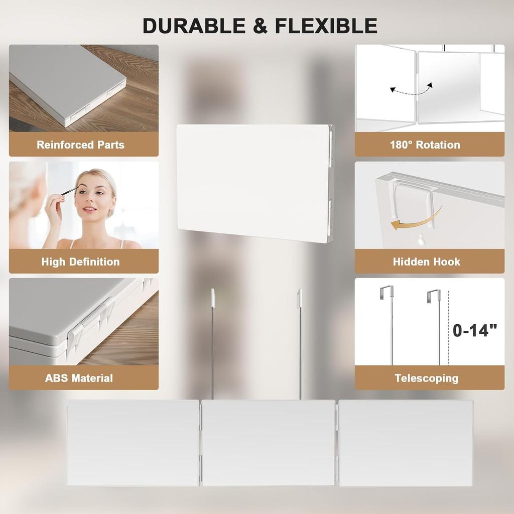 Portable Trifold Vanity Cosmetic Mirror with Height Adjustable Hooks for Self Hair Cutting Makeup Folding for Bath and Travel