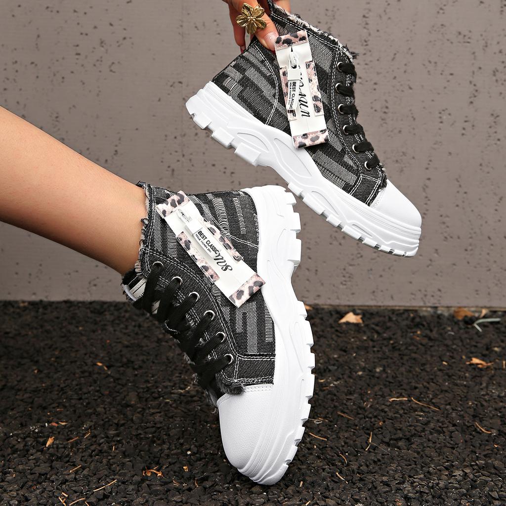 Fashion Women Sneakers New Canvas High-top Women Shoes 2025 Breathable Denim Sneakers Women Summer Thick Bottom Heightening Casual Shoes