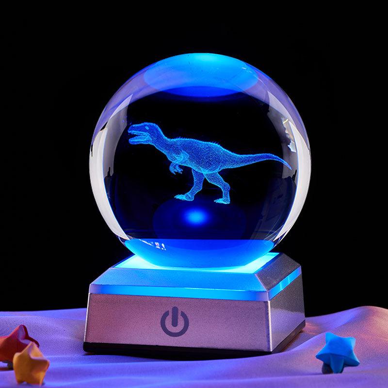 Dinosaur Cartoon 3D Crystal Ball Night Light - Luminous Glass Ornament Birthday Gift