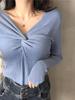 Stylish Women's V-Neck Long Sleeve Knit Top, Slim Fit T-Shirt for Autumn 2026