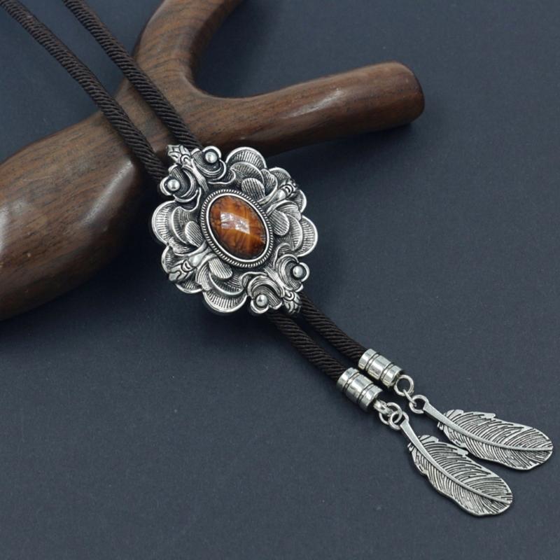 Engraving Stone Bolo Tie Carved Necktie for Shirt Jeans Western Necklace Braided Shoestring Necktie Bolo Tie
