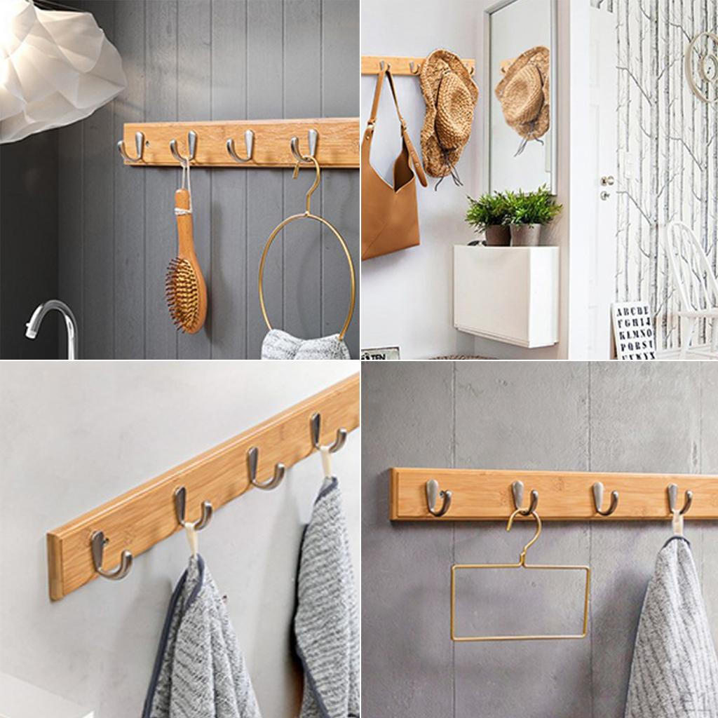 4 Hooks Bamboo Wall-Mounted Coat Hanger Rail Rack Hook Keys Holder