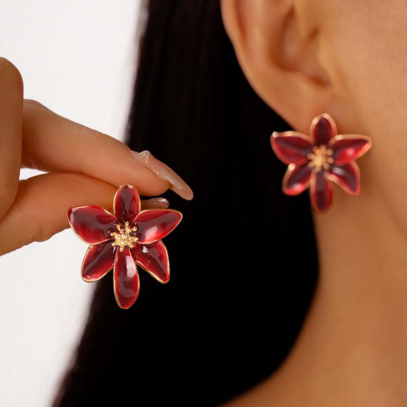 Vintage Red Dripping Oil Flower Stud Earrings for Women Fashion Metal Six Petal Flower Earrings Luxury Casual Party Jewelry Gift