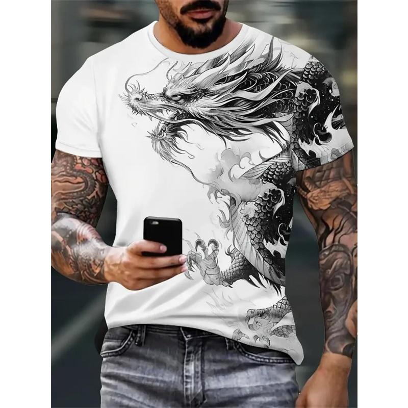 Vintage Chinese Loong Pattern T-Shirt for Men Dragon Skull 3D Printed T Shirts Summer Loose Street Tops O-Neck Short Sleeve Tees