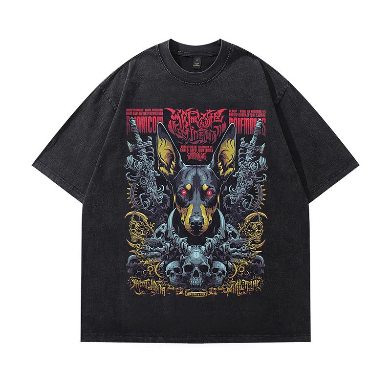 Washed And Polished Old Round Neck Pullover Sweater American High Street Doberman Print Retro Long-Sleeved T-Shirt Men