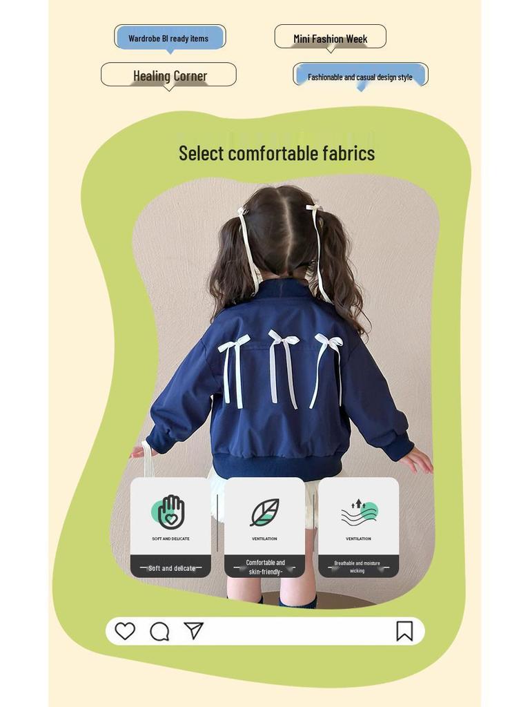 Baseballjacke für Mädchen im koreanischen Stil mit Stickschleife - Frühling/Herbst 2025 Trendige Baby-Oberbekleidung