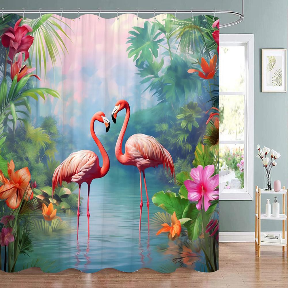 

Tropical Plant Parrot Shower Curtain Watercolour Monstera Palm Leaf Birds Pink Floral Green Leaves Bathroom Curtains Home Decor W60H190(CM)-1 Pcs