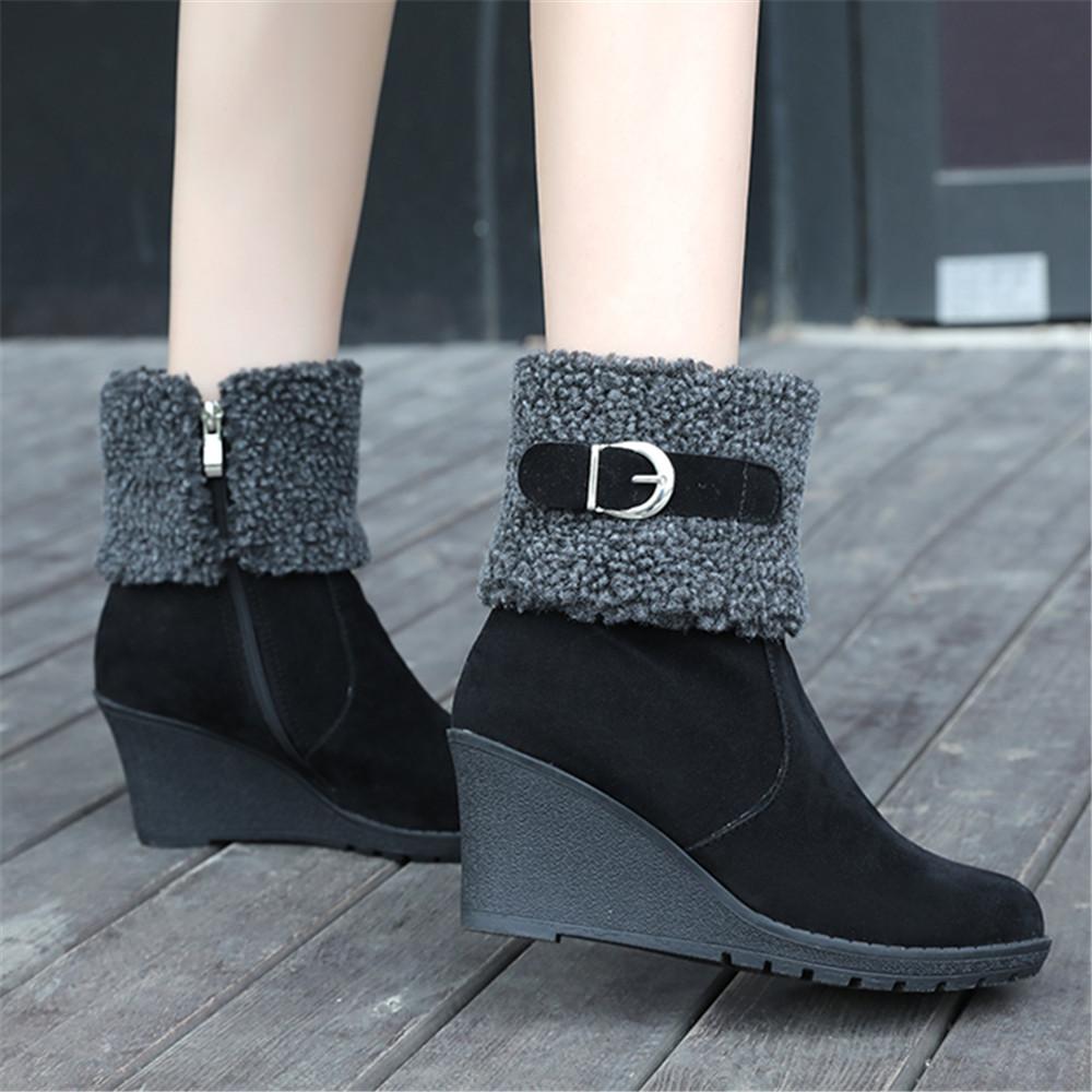 Fashion Winter Boots Women Fur Warm Snow Boots Ladies Side Zip Wedges Flock Booties Ankle Boots Comfortable Shoes Casual Female Boots