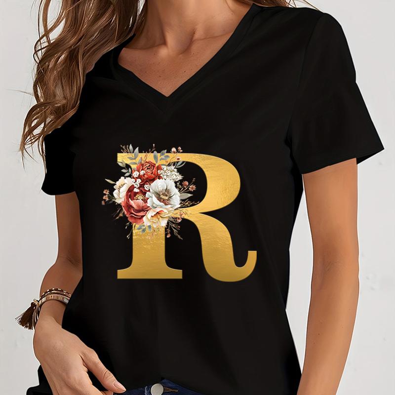 Vintage Flower Alphabet Graphic T Shirts Women Alphabet Rose Gold Essential Women Clothing Gift for Alphabet Floral Lover Tshirt
