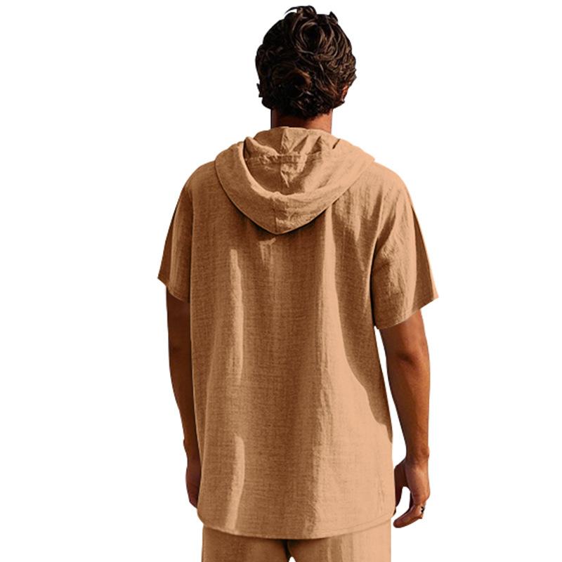 Herren Heiß Verkauft Amerikanisches Sommer Leinenhemd, Einfaches Lockeres Freizeit Kapuzen Henley Kurzarm T-Shirt