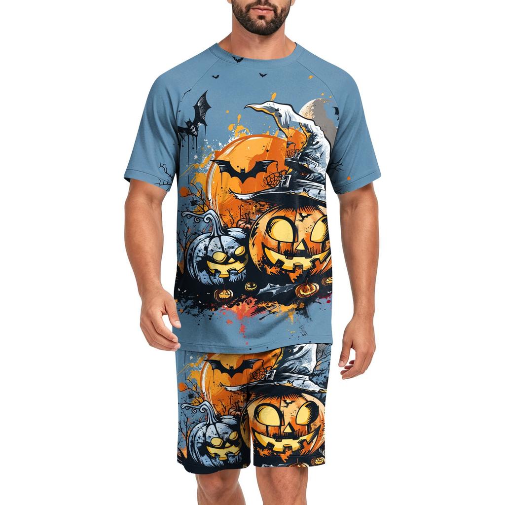 Men's Halloween Casual Pajama Set Short Sleeve Top and Shorts Lightweight Comfortable Sleepwear Set for Home and Lounge