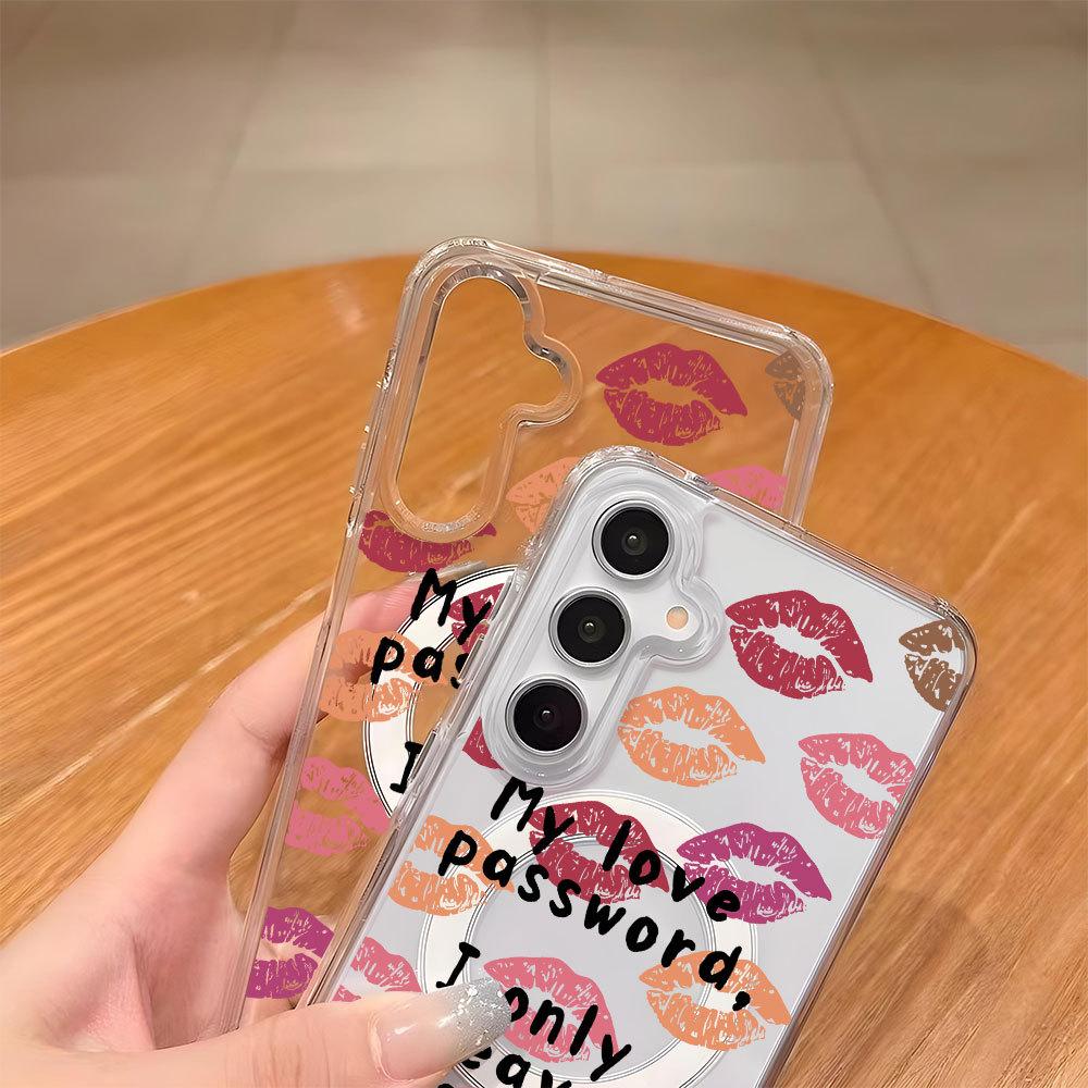 Sweet and cool babes wind red lip print bow transparent magnetic mobile phone case Samsung S23UItra anti-drop protective case